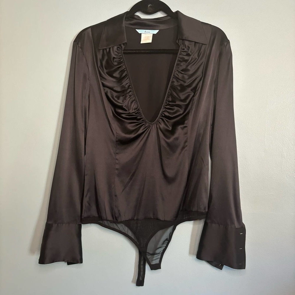 Vintage Y2K Marciano Silk Ruched V-Neck Collared Bodysuit